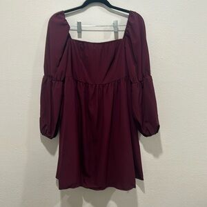 Exlura Women’s Square Neck Long Puff Sleeve A Line Mini Dress. Wine Colored.